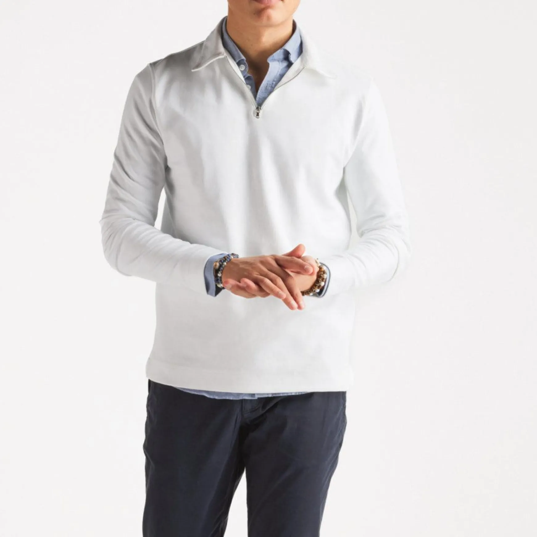 Zip Polo Long Sleeve White